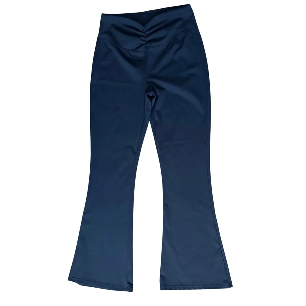 A New Day Flare Leggings Womens Large Navy Blue Ruched V-Front Yoga‎ NWOT